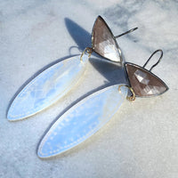 Peach Moonstone and Antique Mother of Pearl Chinese Gaming Token Earrings